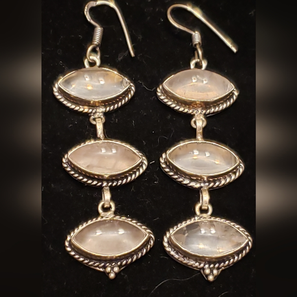 NEW Sterling (marked) & Gemstone Dangle Earrings In Horse-eye Shape W/ Fr Wires.